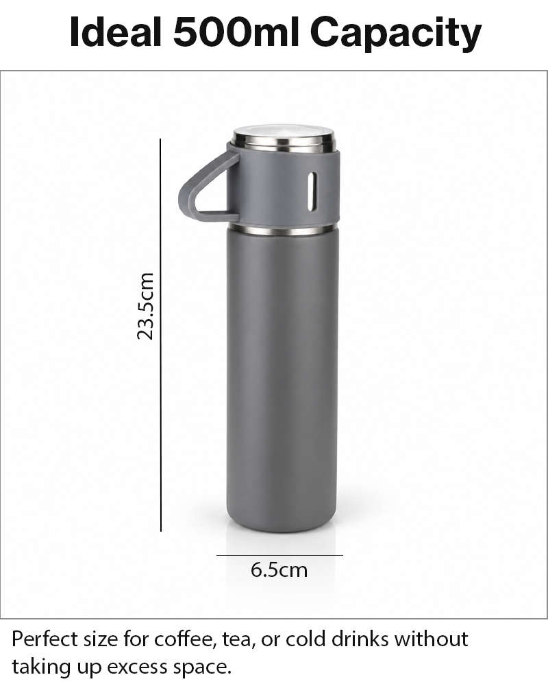 500ml Stainless Steel Vacuum Flask Set with 3 Cups Insulated