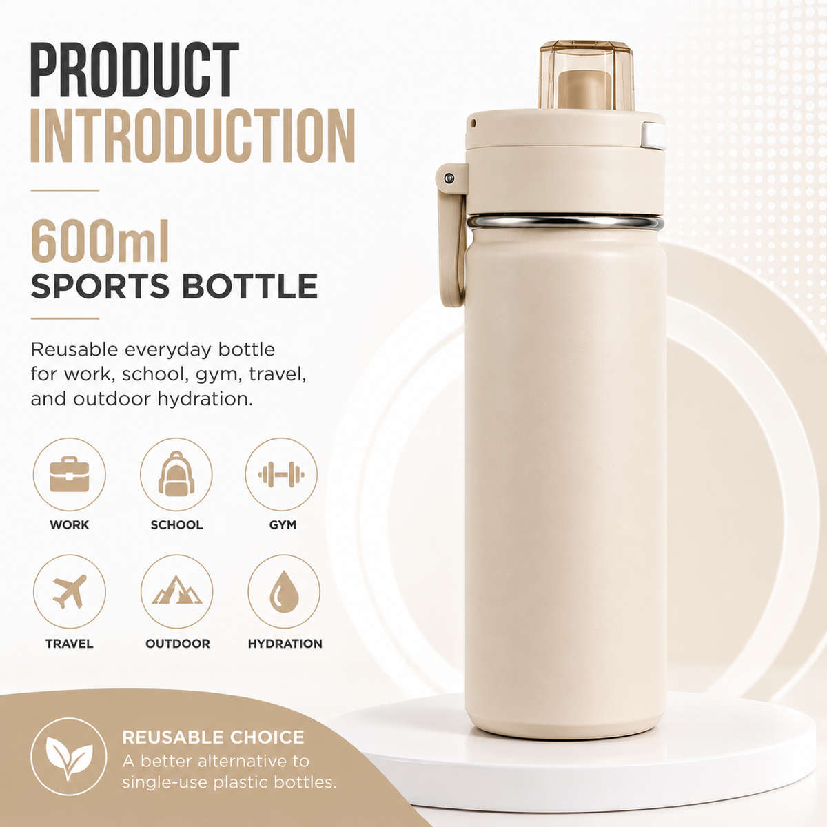 600ml Vacuum Sports Water Bottle with Locking Flip Lid Beige