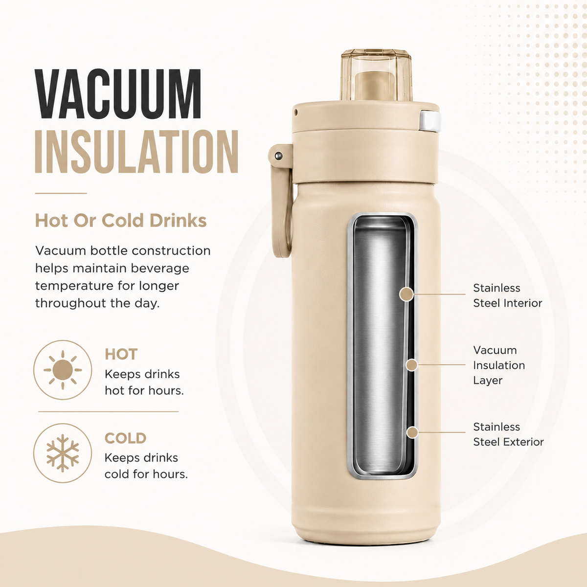 600ml Vacuum Sports Water Bottle with Locking Flip Lid Beige