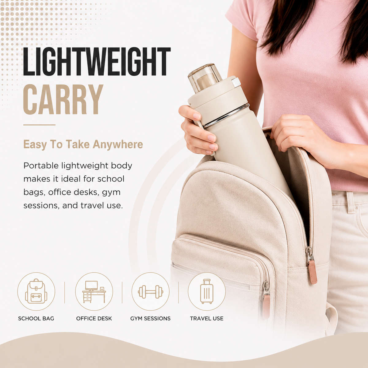 600ml Vacuum Sports Water Bottle with Locking Flip Lid Beige