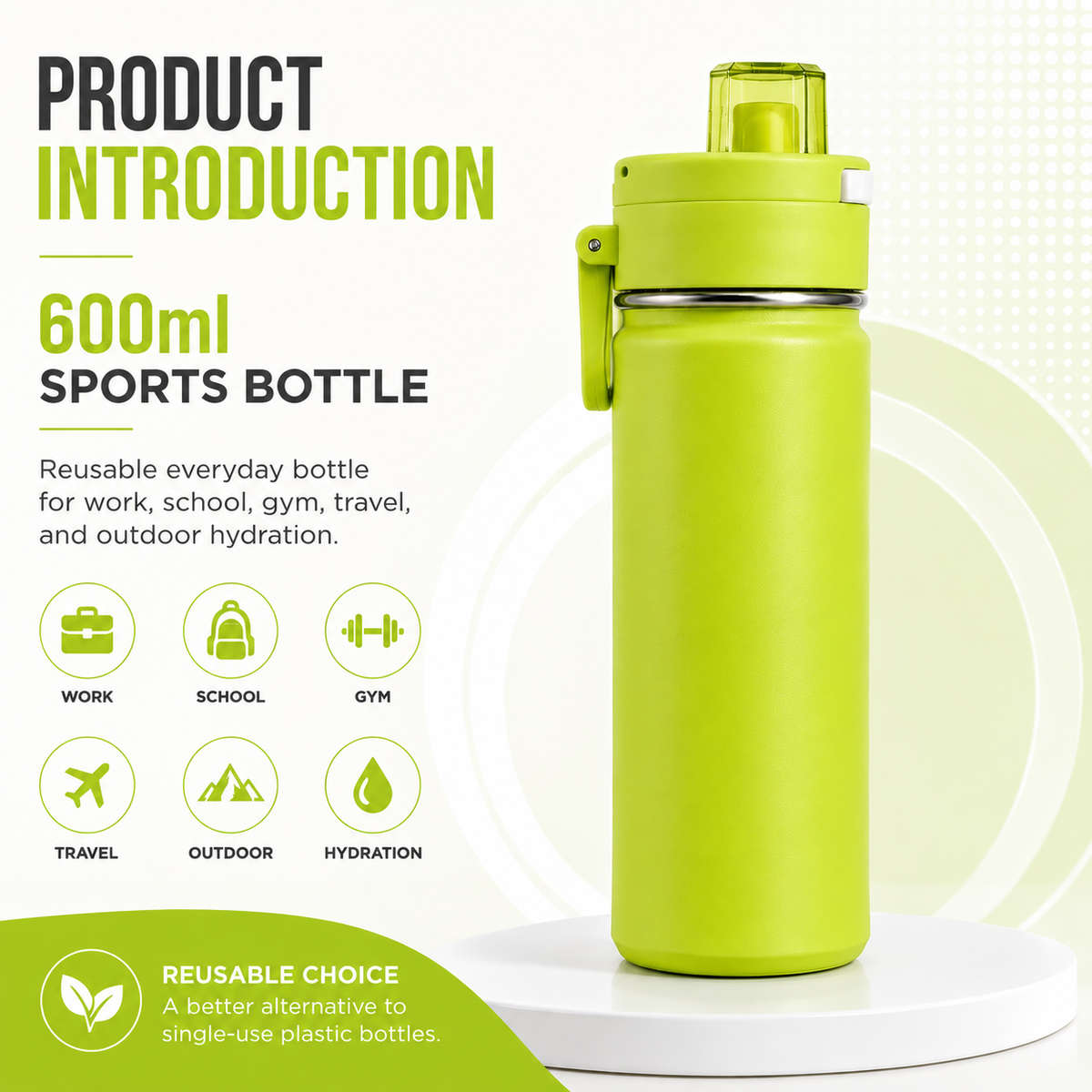 600ml Vacuum Sports Water Bottle with Locking Flip Lid Green