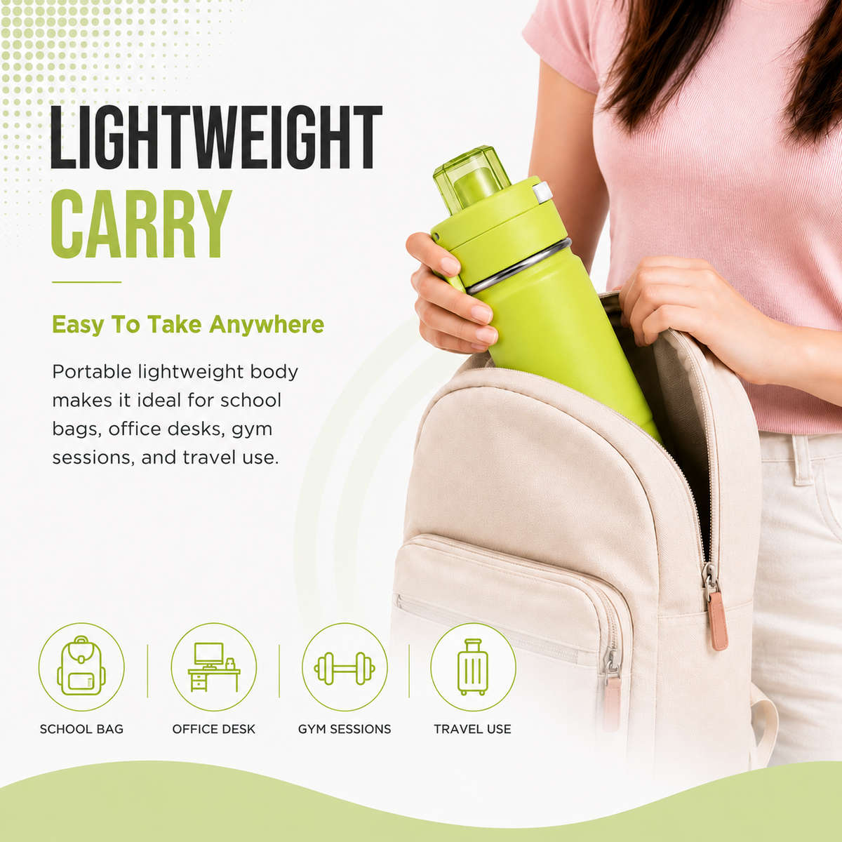 600ml Vacuum Sports Water Bottle with Locking Flip Lid Green