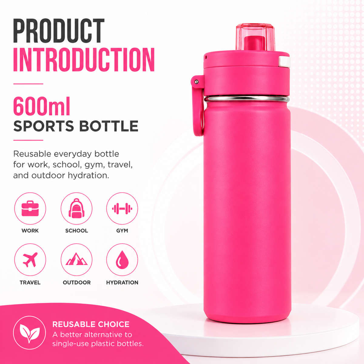 600ml Vacuum Sports Water Bottle with Locking Flip Lid Neon Pink