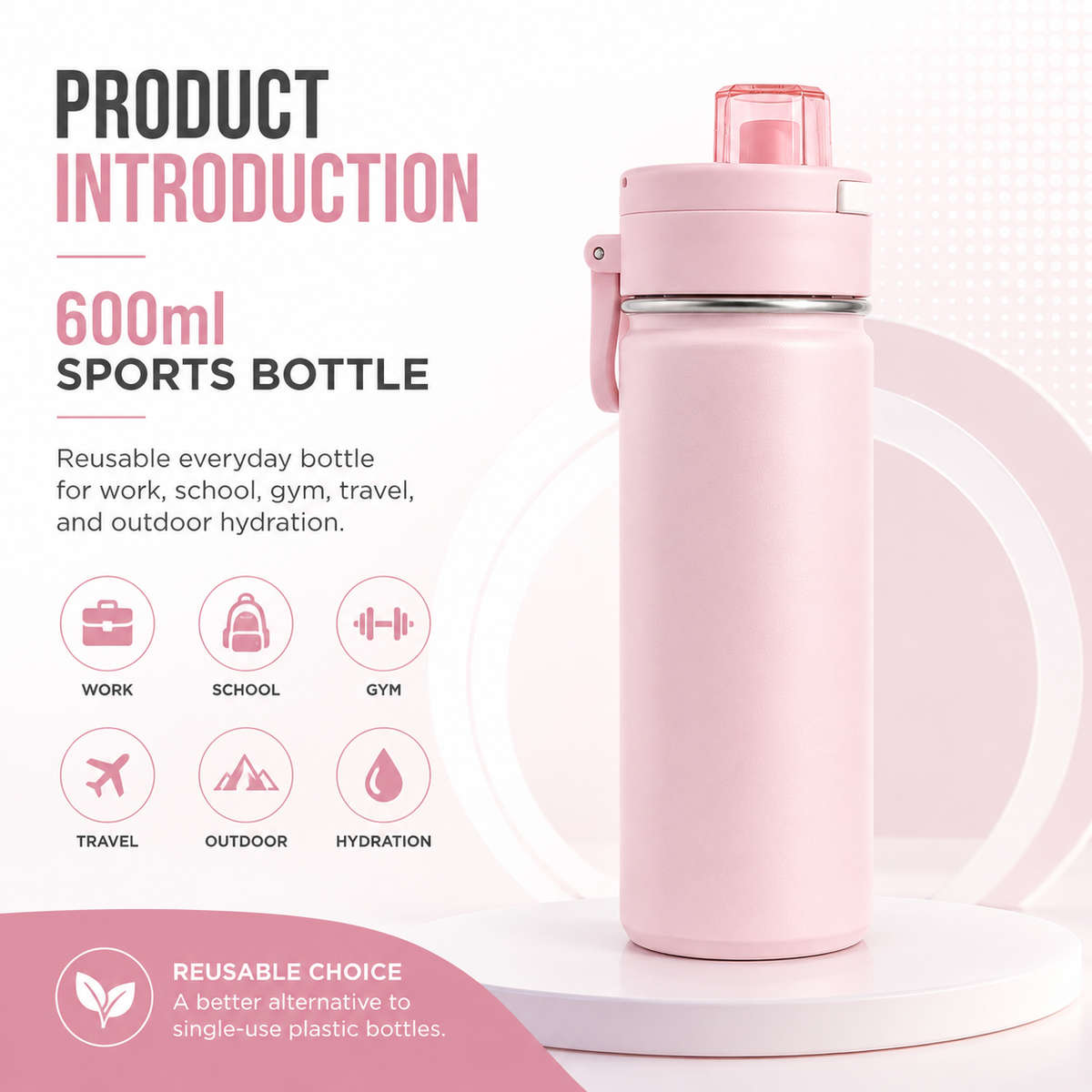 600ml Vacuum Sports Water Bottle with Locking Flip Lid Pink