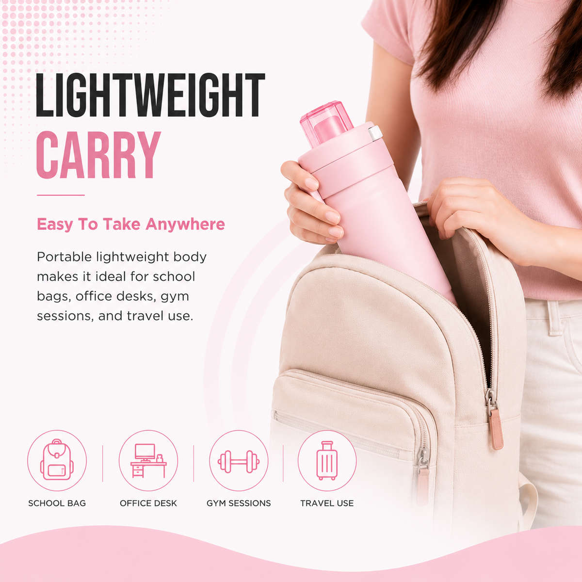 600ml Vacuum Sports Water Bottle with Locking Flip Lid Pink