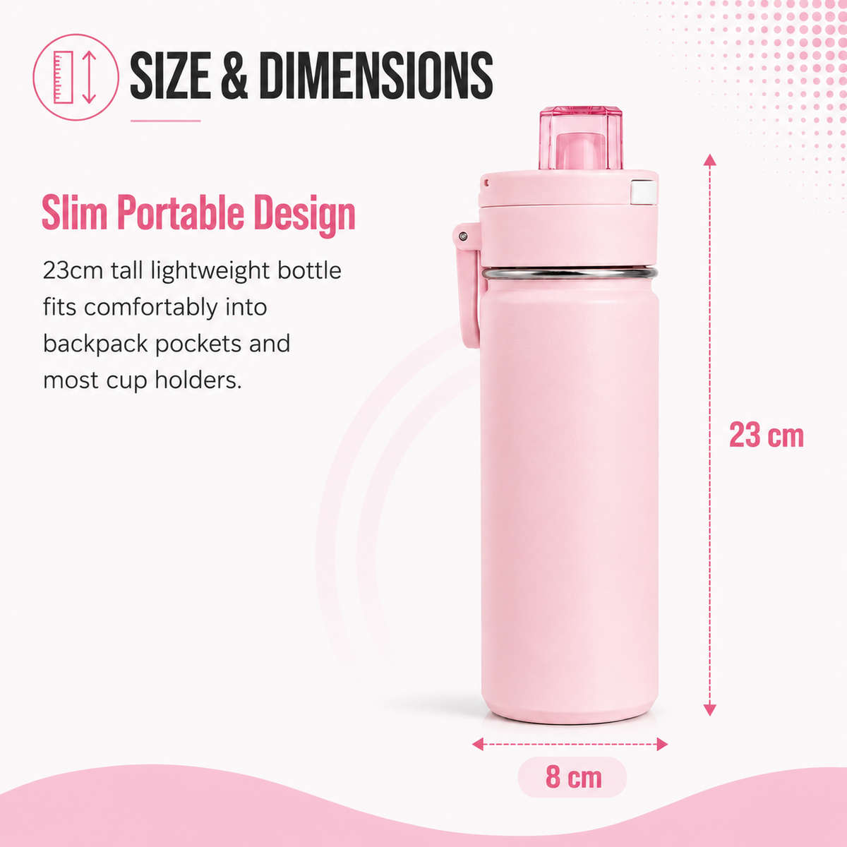 600ml Vacuum Sports Water Bottle with Locking Flip Lid Pink