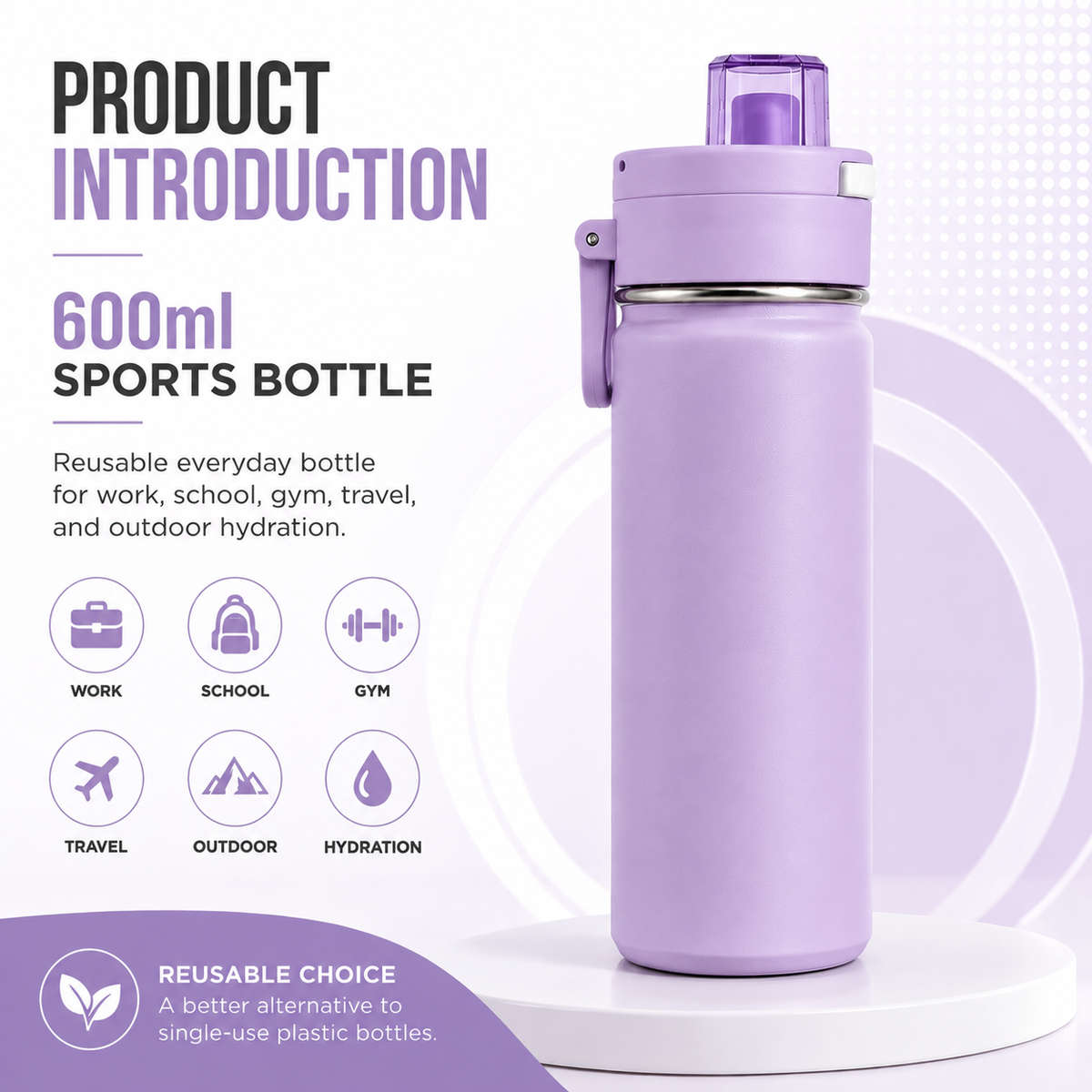 600ml Vacuum Sports Water Bottle with Locking Flip Lid Purple