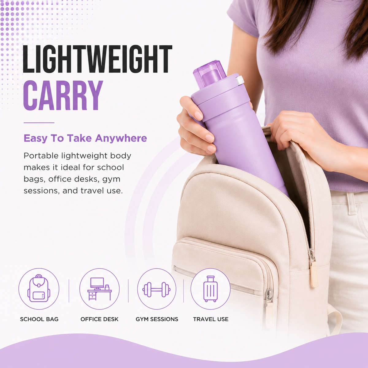600ml Vacuum Sports Water Bottle with Locking Flip Lid Purple