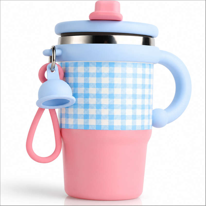 Blue Double Drink Vacuum Cup with Straw & Handle Stainless Steel Insulated Table Cup