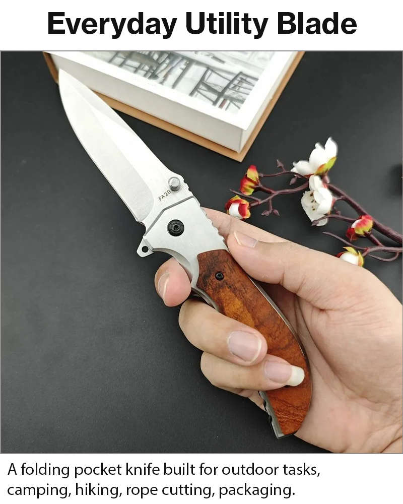 Folding Pocket Knife with Stainless Steel Blade, Aluminum & Wood Handle, Liner Lock EDC Utility K...