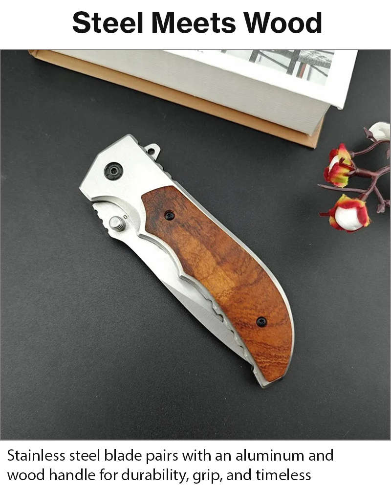 Folding Pocket Knife with Stainless Steel Blade, Aluminum & Wood Handle, Liner Lock EDC Utility K...