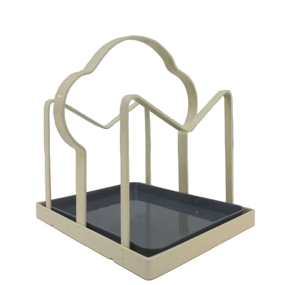 Lid and Board Organizer Rack with Drip Tray  Coated Metal Vertical Holder  Cream Countertop...