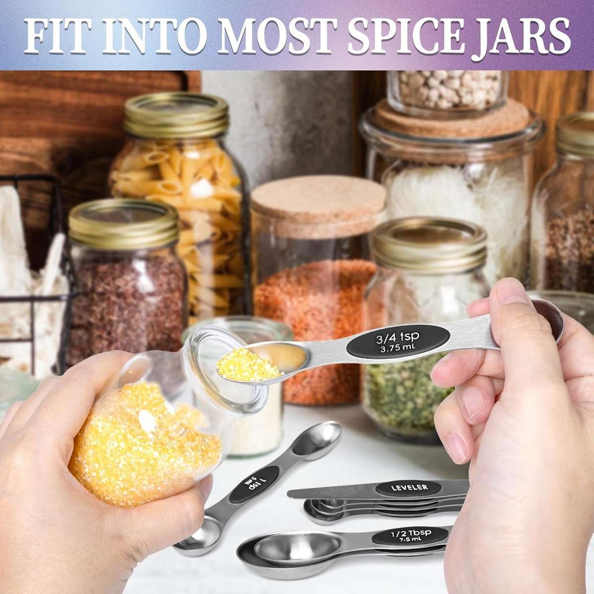Magnetic Measuring Spoons Set 8-Piece Stainless Steel Dual-Sided Nesting with Leveler