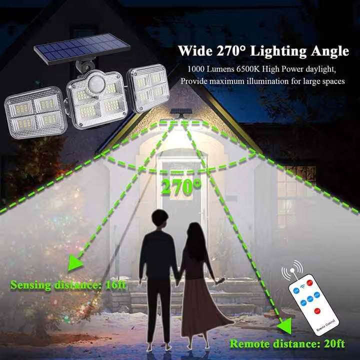 Outdoor Solar LED Floodlight 1000 Lumens  Motion Sensor 3-Head Design with Remote Control  ...