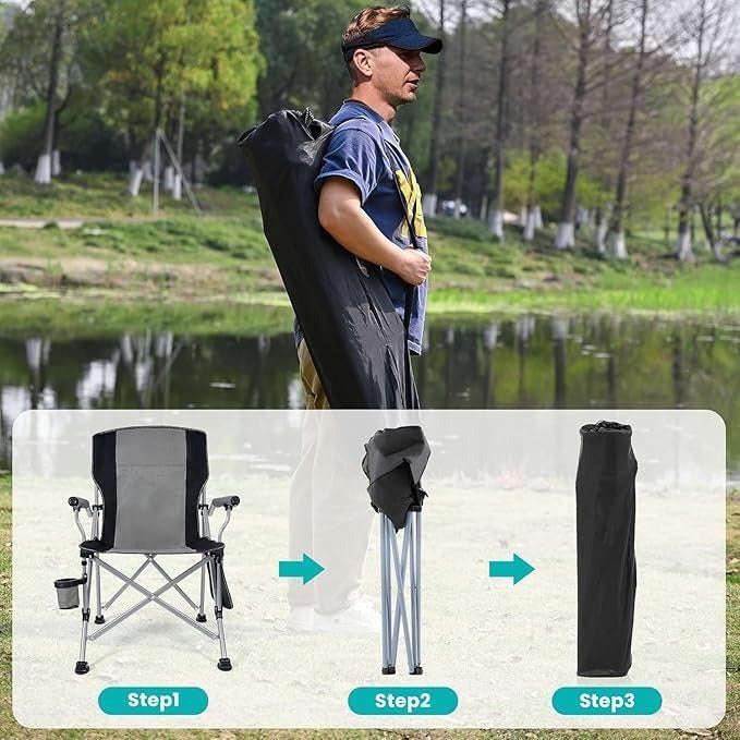 Camping Chair 150kg Capacity  High Back Mesh & Oxford  Green or Grey with Armrest & Cup Hol...