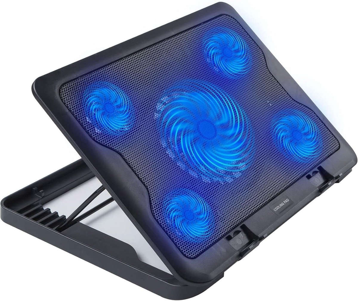 Laptop Cooling Pad 5-Fan Adjustable Height Mesh Surface  USB Powered Quiet Cooler Black