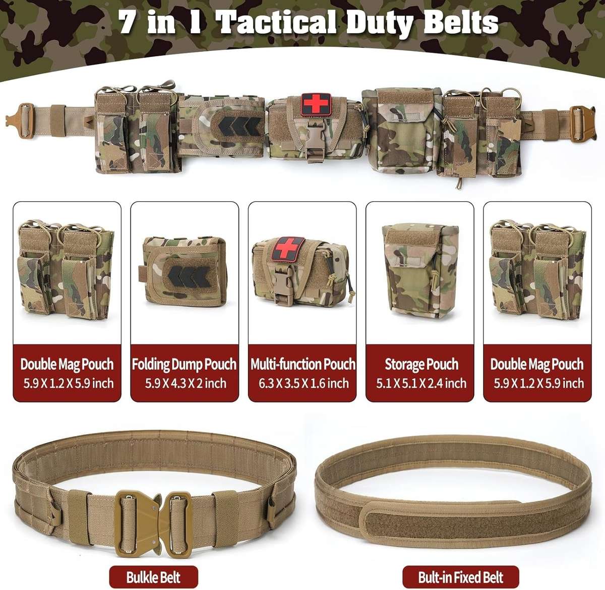 7-in-1 Tactical Battle Belt 1000D Nylon with Quick Release Buckle, Heavy Duty MOLLE Utility Belt ...