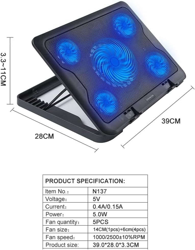 Laptop Cooling Pad 5-Fan Adjustable Height Mesh Surface  USB Powered Quiet Cooler Black