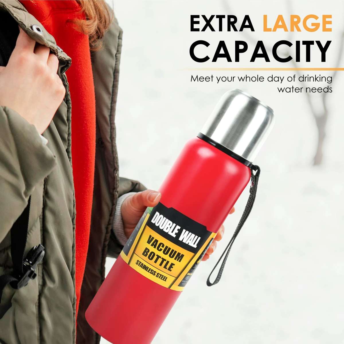 Stainless Steel Red Insulated Vacuum Bottle Double Wall Thermal Flask for Hot and Cold Drinks