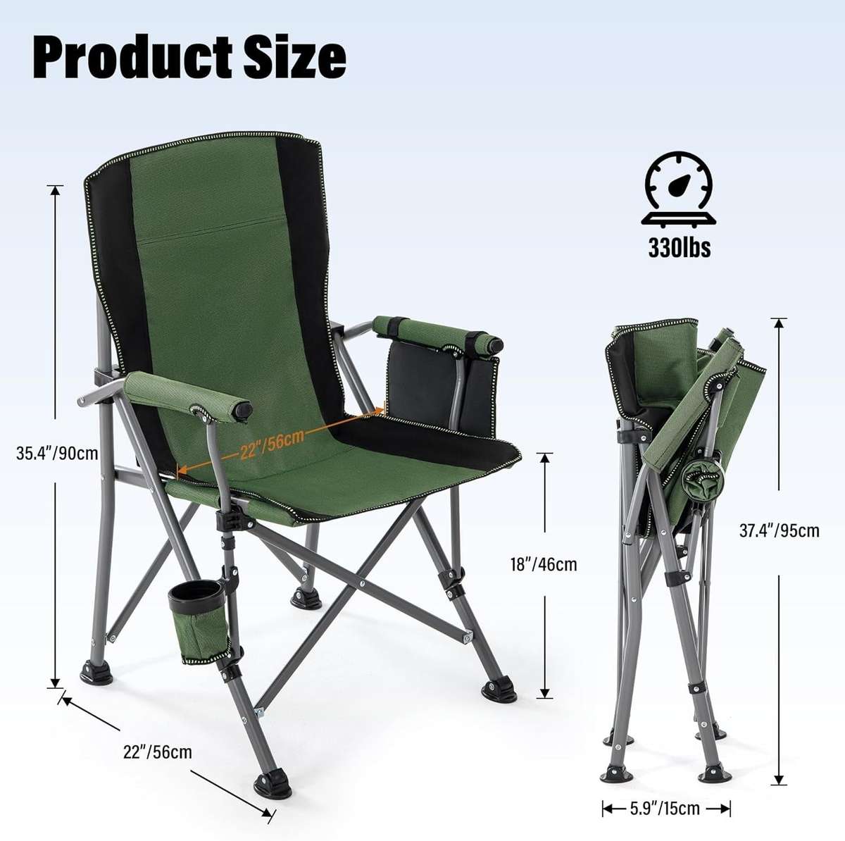 Camping Chair 150kg Capacity  High Back Mesh & Oxford  Green or Grey with Armrest & Cup Hol...