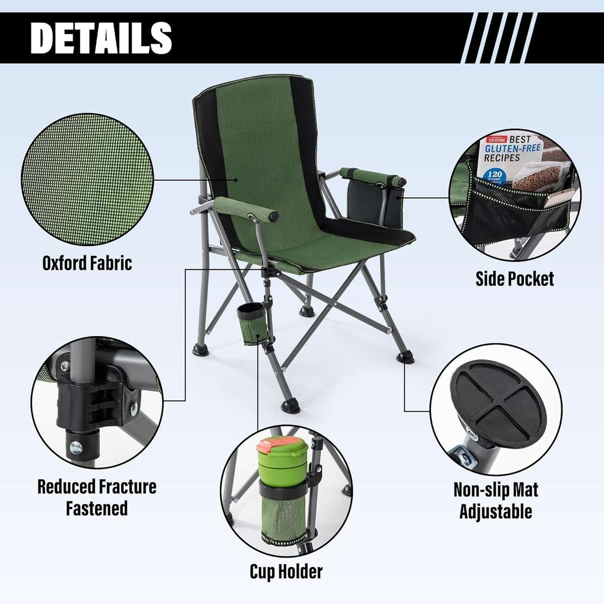 Camping Chair 150kg Capacity  High Back Mesh & Oxford  Green or Grey with Armrest & Cup Hol...