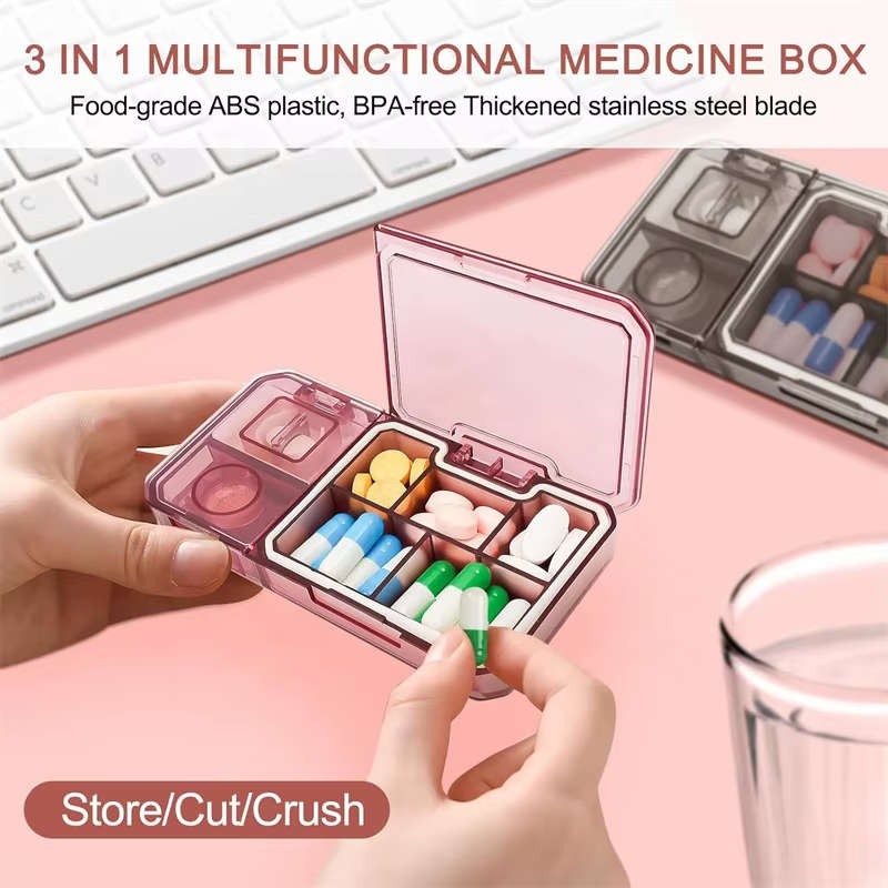 3-in-1 Pill Organizer 121×69×18mm ABS Plastic  Travel Medicine Storage with Cutter & Grinder...