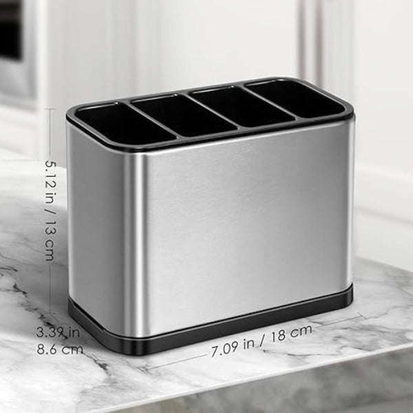 Stainless Steel Cutlery Holder 4-Grid Organizer  Drain Base, ABS Interior, Anti-Slip, Silver