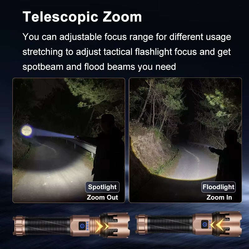 Telescopic Zoom Rechargeable LED Flashlight 3000+Lumen USBC Aluminium Alloy IP55 6000K D...