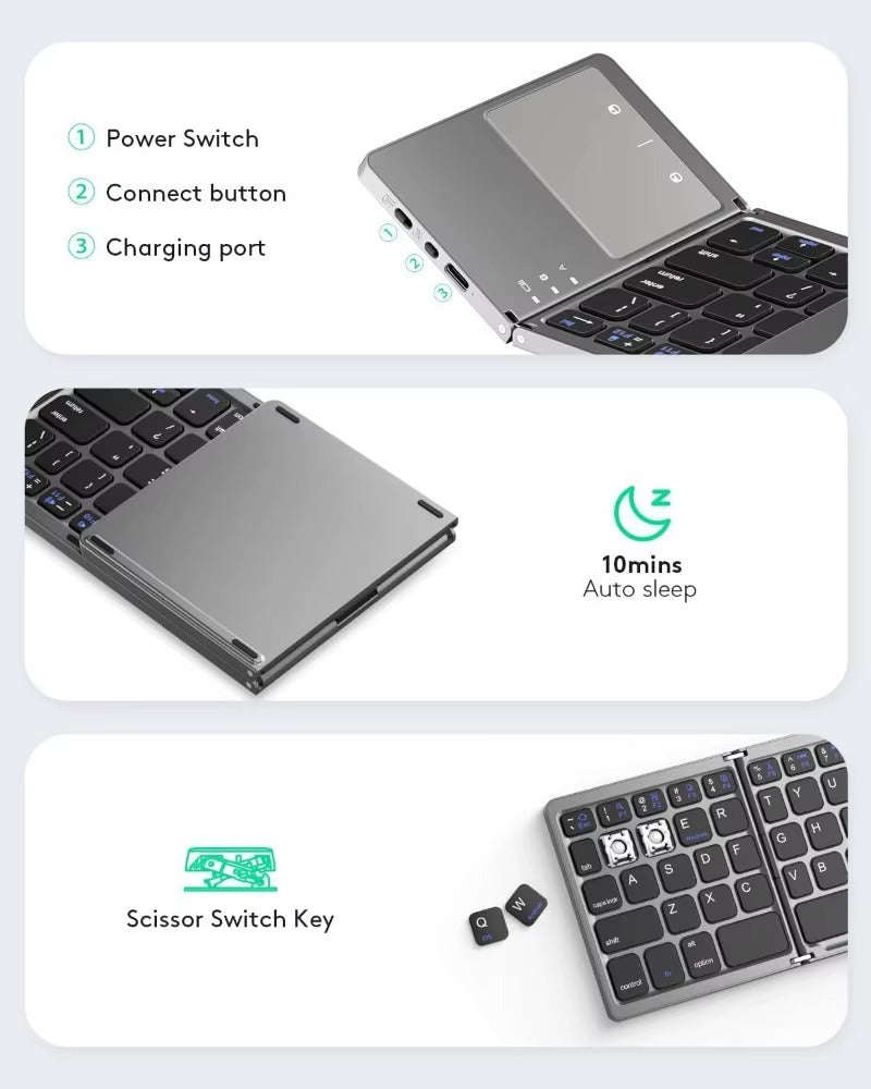 Foldable Bluetooth Keyboard Full-Size 84-Key  Scissor-Switch + Touchpad  Multi-Device Wirel...