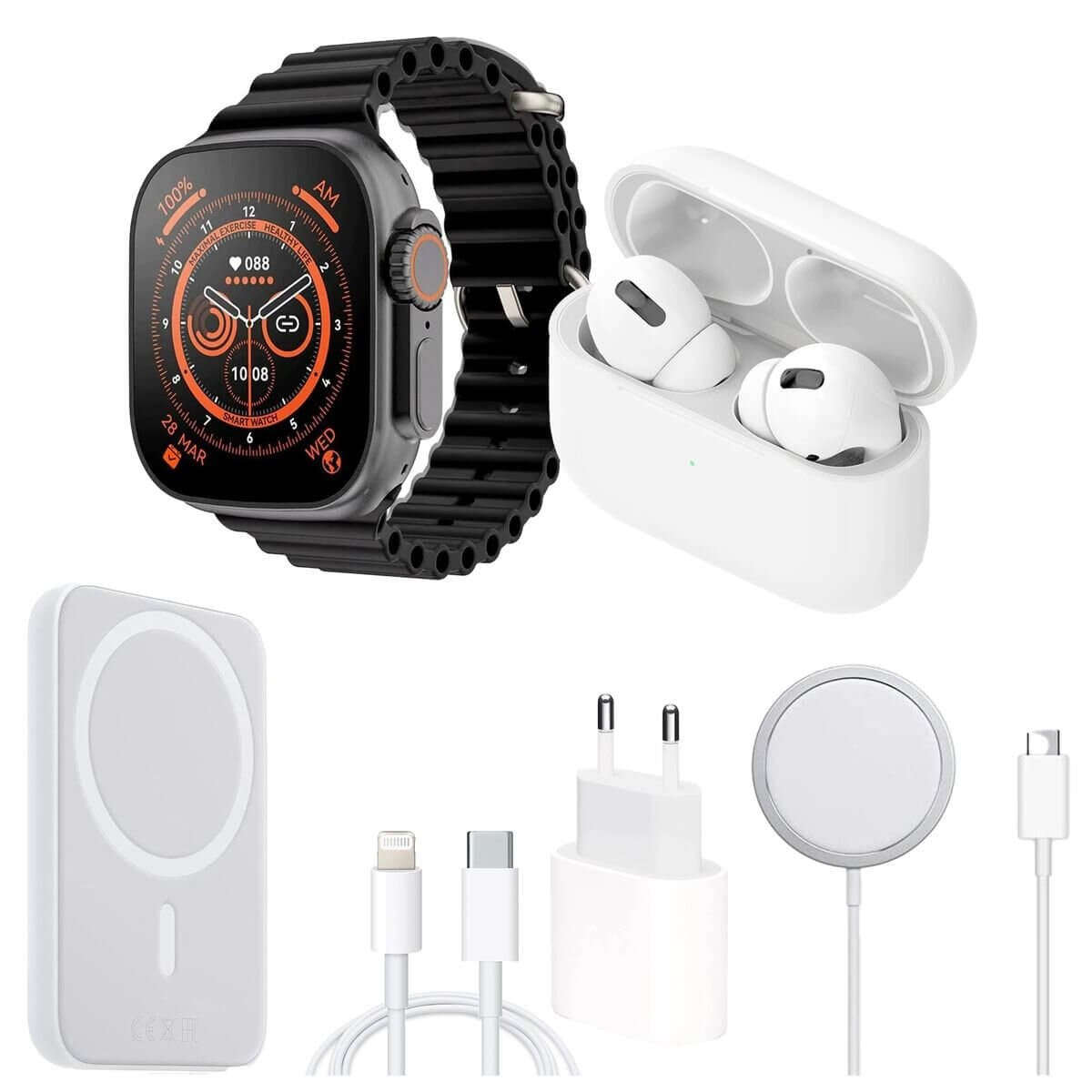 6-in-1 Smart Watch Combo  AMOLED Display + Fitness Tracker + Charging + Ear Pods Black