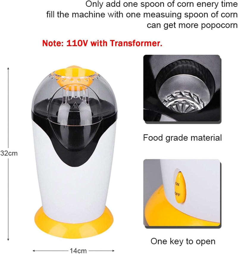 1200W Hot Air Popcorn Maker 230V EU Plug, 2.5L Capacity, Oil-Free, ABS, White & Yellow Compact De...