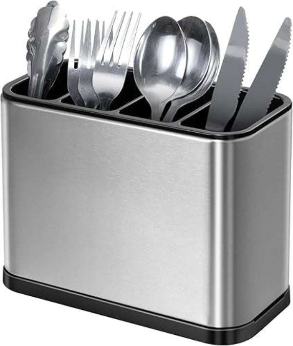 Stainless Steel Cutlery Holder 4-Grid Organizer  Drain Base, ABS Interior, Anti-Slip, Silver