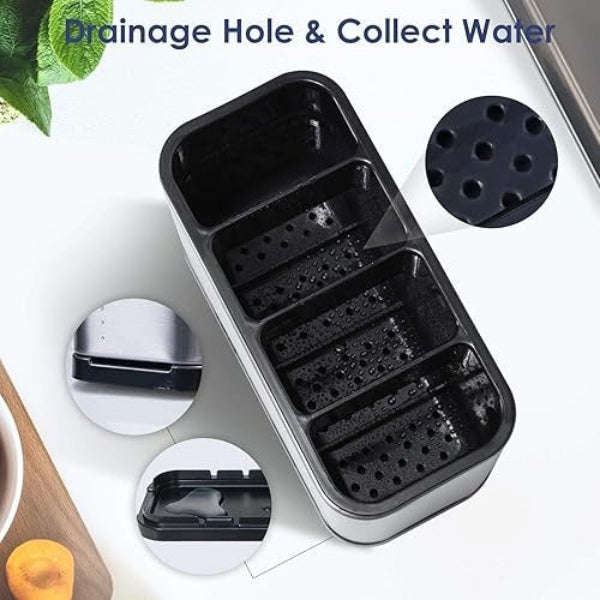 Stainless Steel Cutlery Holder 4-Grid Organizer  Drain Base, ABS Interior, Anti-Slip, Silver