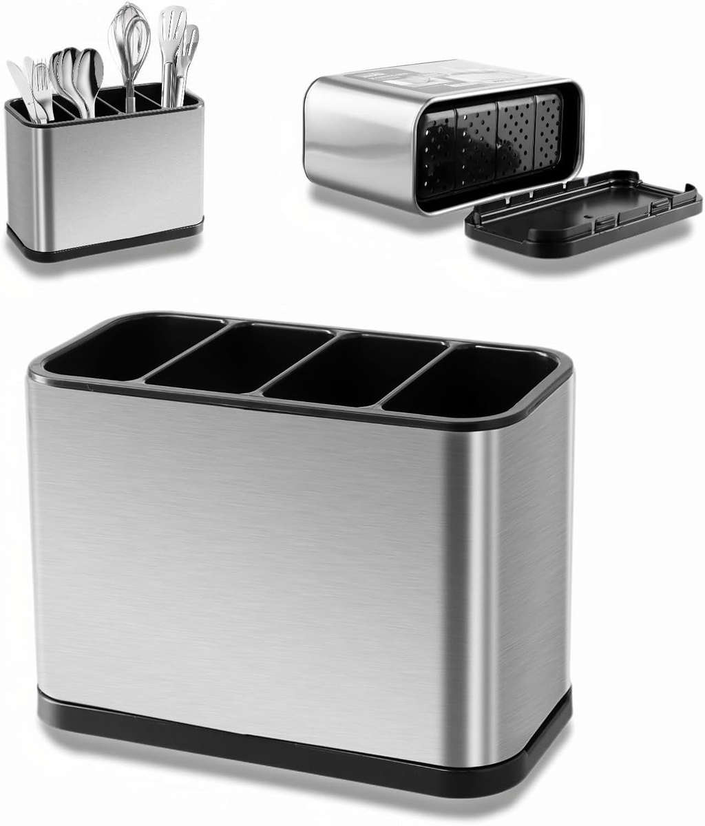 Stainless Steel Cutlery Holder 4-Grid Organizer  Drain Base, ABS Interior, Anti-Slip, Silver