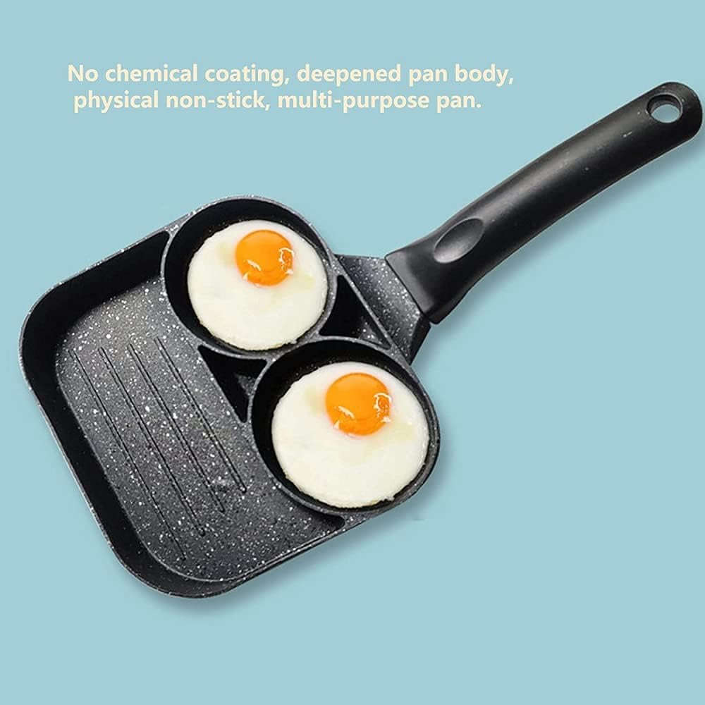 Non-Stick 3-in-1 Breakfast Frying Pan with Egg Rings & Grill Section Grey with Black handle Alumi...