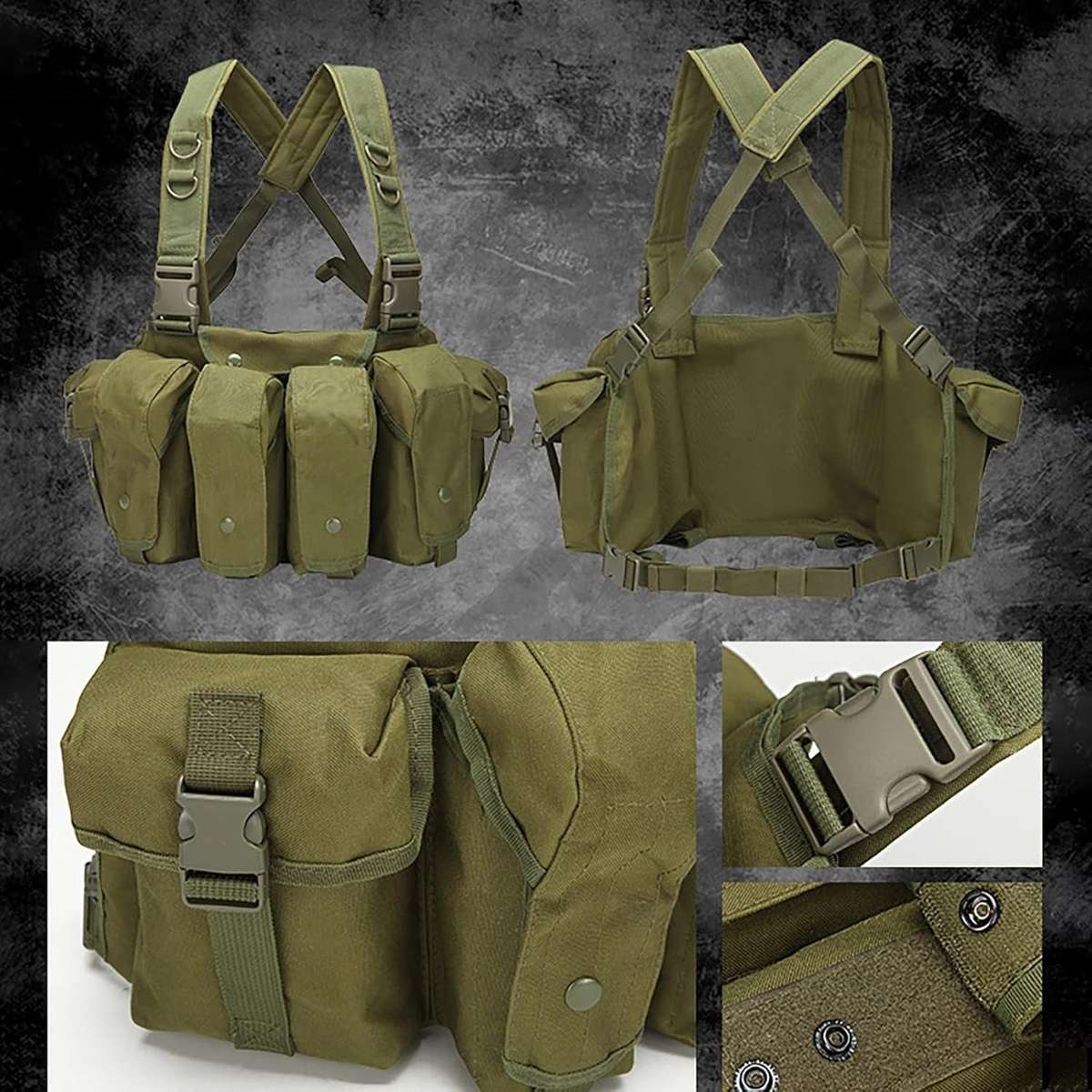 Tactical Chest Rig 600D Oxford Cloth 6Magazine MultiPocket Bandolier Vest  Adjustable Sh...