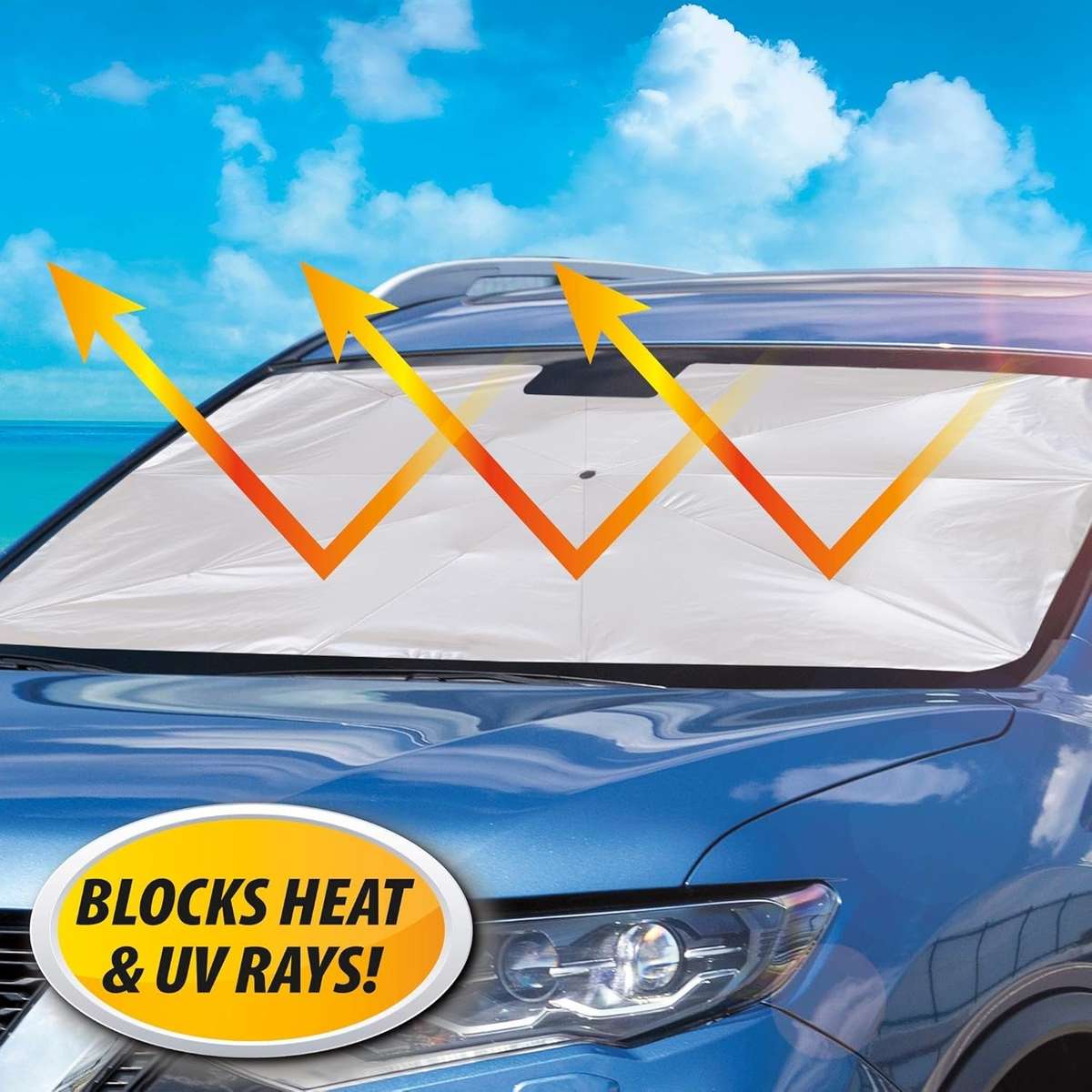 Windshield Sun Shade 145×79cm  Reflective UV Blocker  Foldable Car Visor