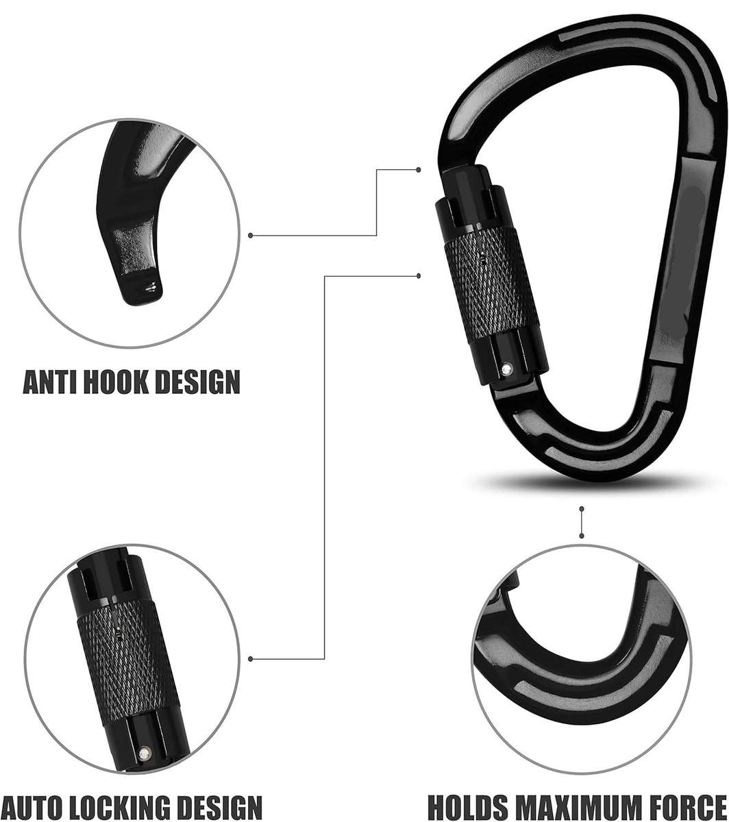Aluminium Alloy Carabiner 25kN  3-Way Auto Locking Gate  Matte Black  CE0321 EN362  I...