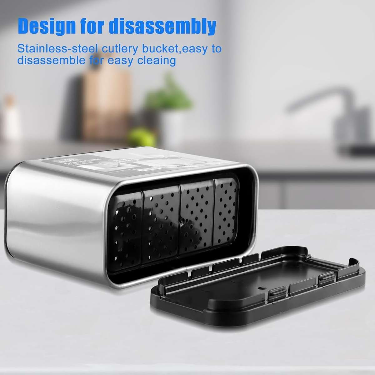 Stainless Steel Cutlery Holder 4-Grid Organizer  Drain Base, ABS Interior, Anti-Slip, Silver