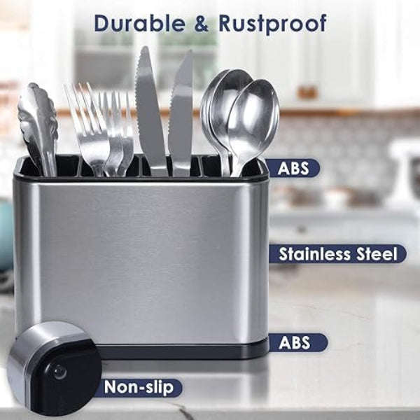 Stainless Steel Cutlery Holder 4-Grid Organizer  Drain Base, ABS Interior, Anti-Slip, Silver