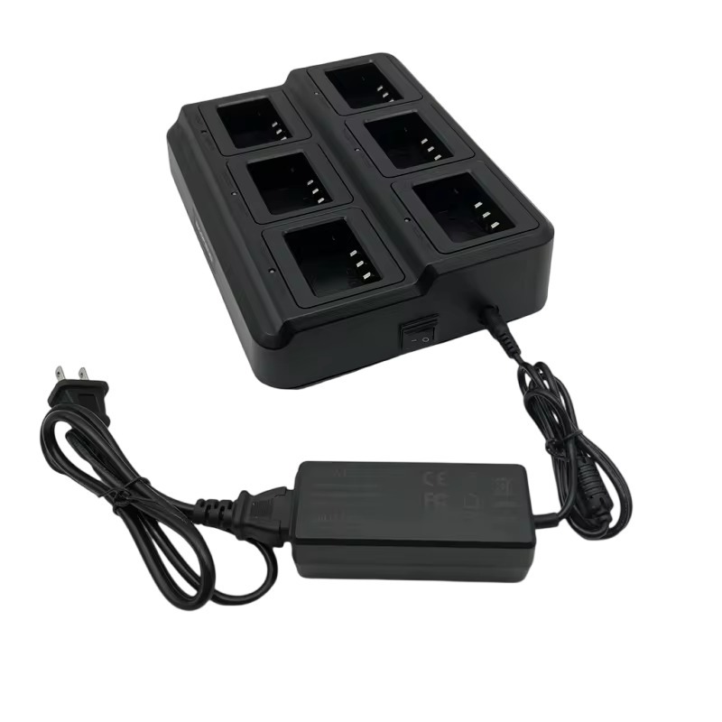 Walkie Talkie + 6-Way Charger  Single Radio  Multi-Slot Charging Base  Black
