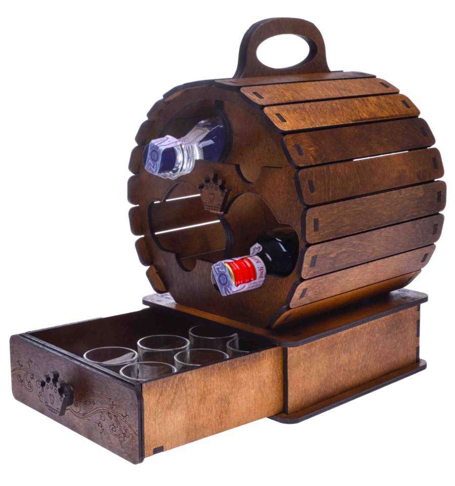 Mini barrel wine bottle holder with drawer - holds 4 bottles - +- 430 high x 340 w x 360 l