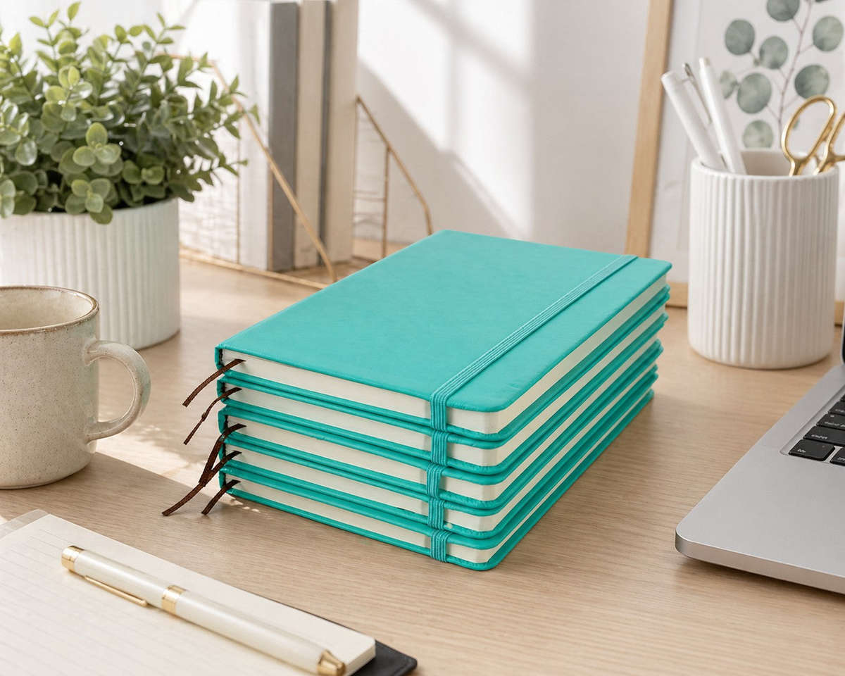 A5 Hardcover Notebooks with Ribbon Bookmarks, Jade Green, Lined Pages, Pack of 5