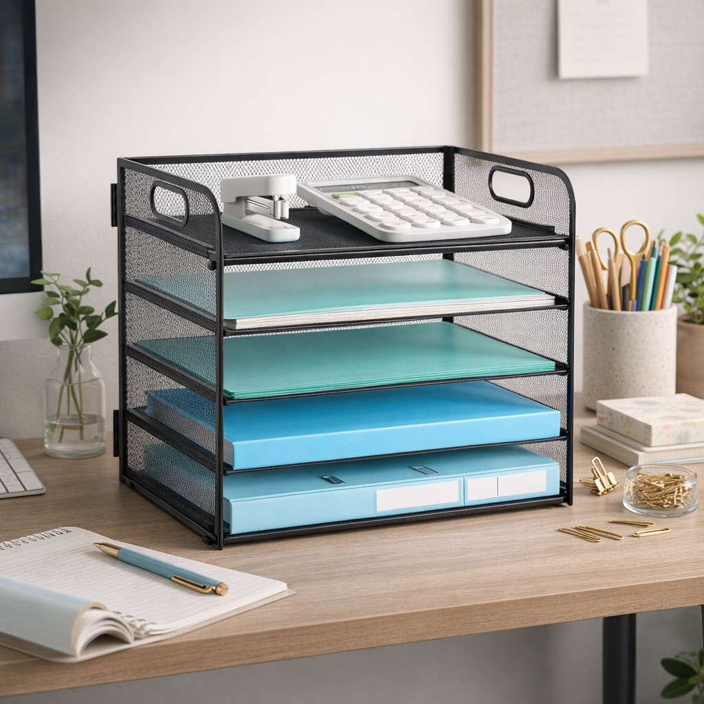 5 Tier Metal Mesh Desk Tray Desk Organizer - Black