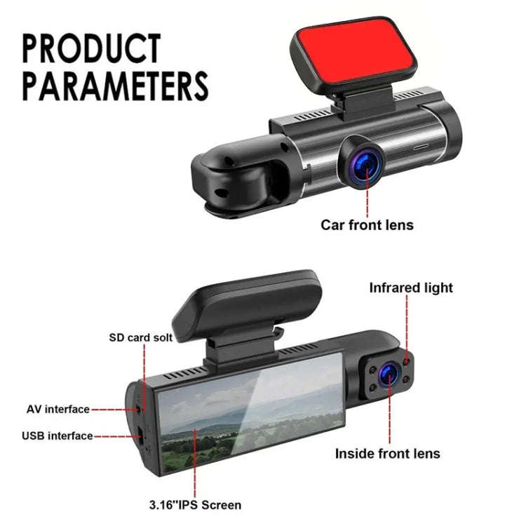 3.16 inch 1080P HD Night Vision Front and Inside Dual Lenses Driving Recorder, Front and Inside D...