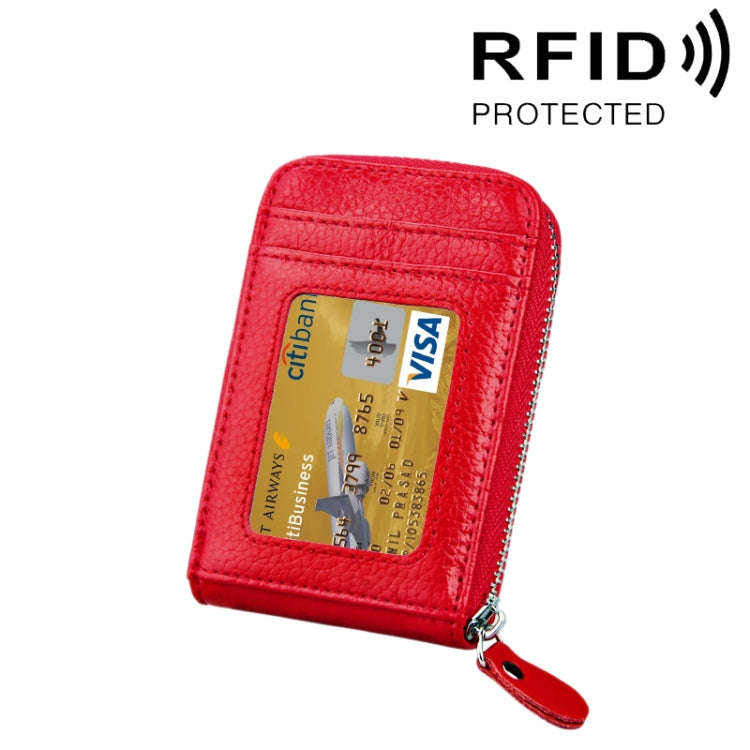 Genuine Cowhide Leather Solid Color Zipper Vertical Card Holder Wallet RFID Blocking Card Bag Pro...