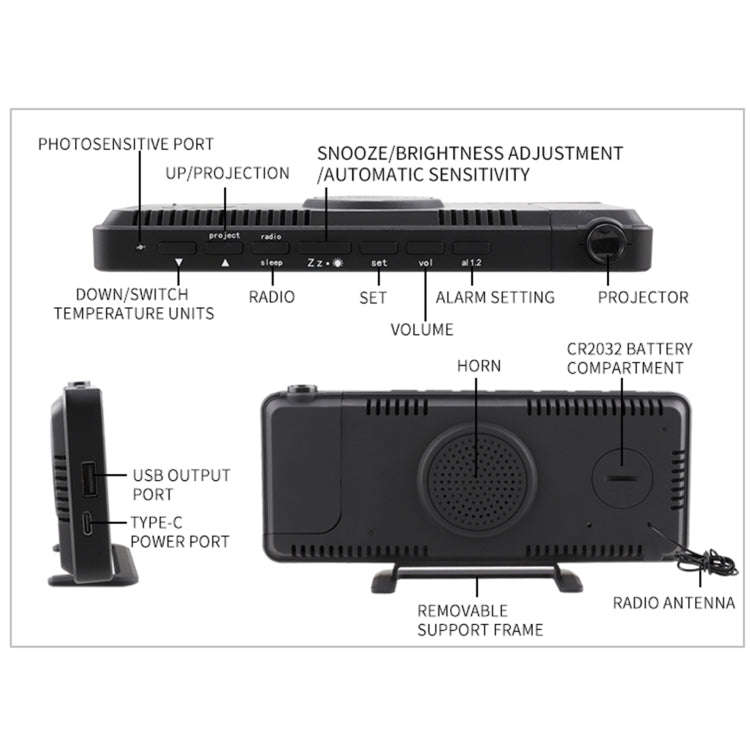 TS-9210 Digital Mirror Projection Alarm Clock With FM Radio & Temperature Humidity, TS-9210 With ...