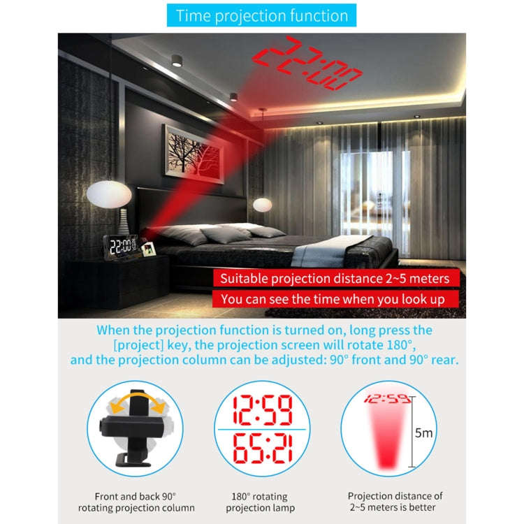 TS-9210 Digital Mirror Projection Alarm Clock With FM Radio & Temperature Humidity, TS-9210 With ...