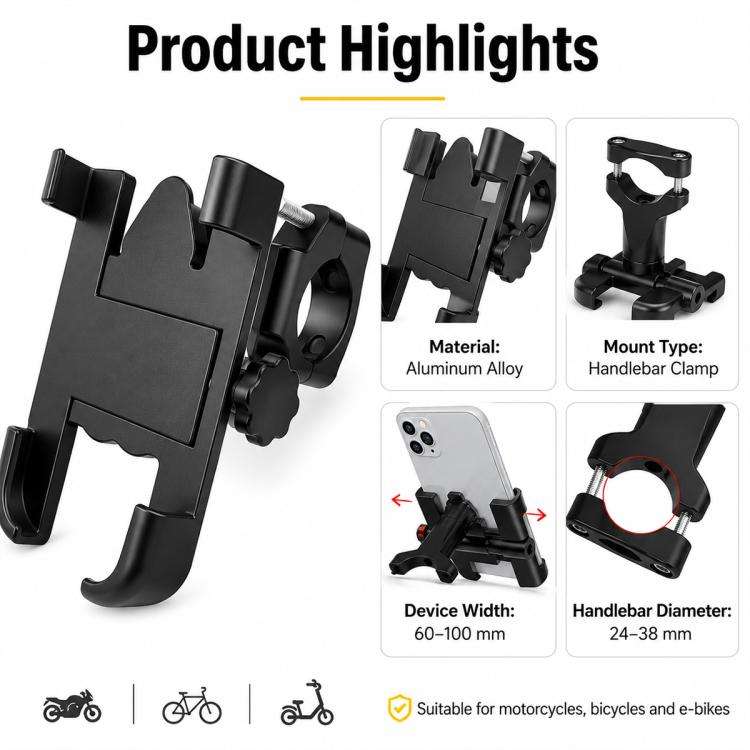 Motorcycle Handlebar Aluminum Alloy Phone Bracket, Suitable for 60-100mm Device, Handlebar Bracke...