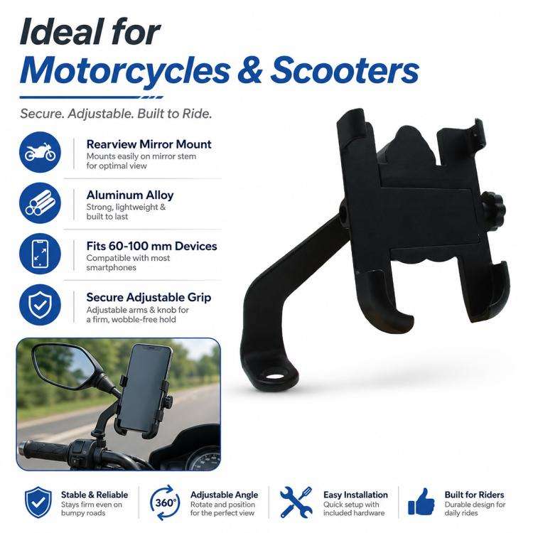 Motorcycle Rear View Mirror Aluminum Alloy Phone Bracket, Suitable for 60-100mm Device, Rear View...